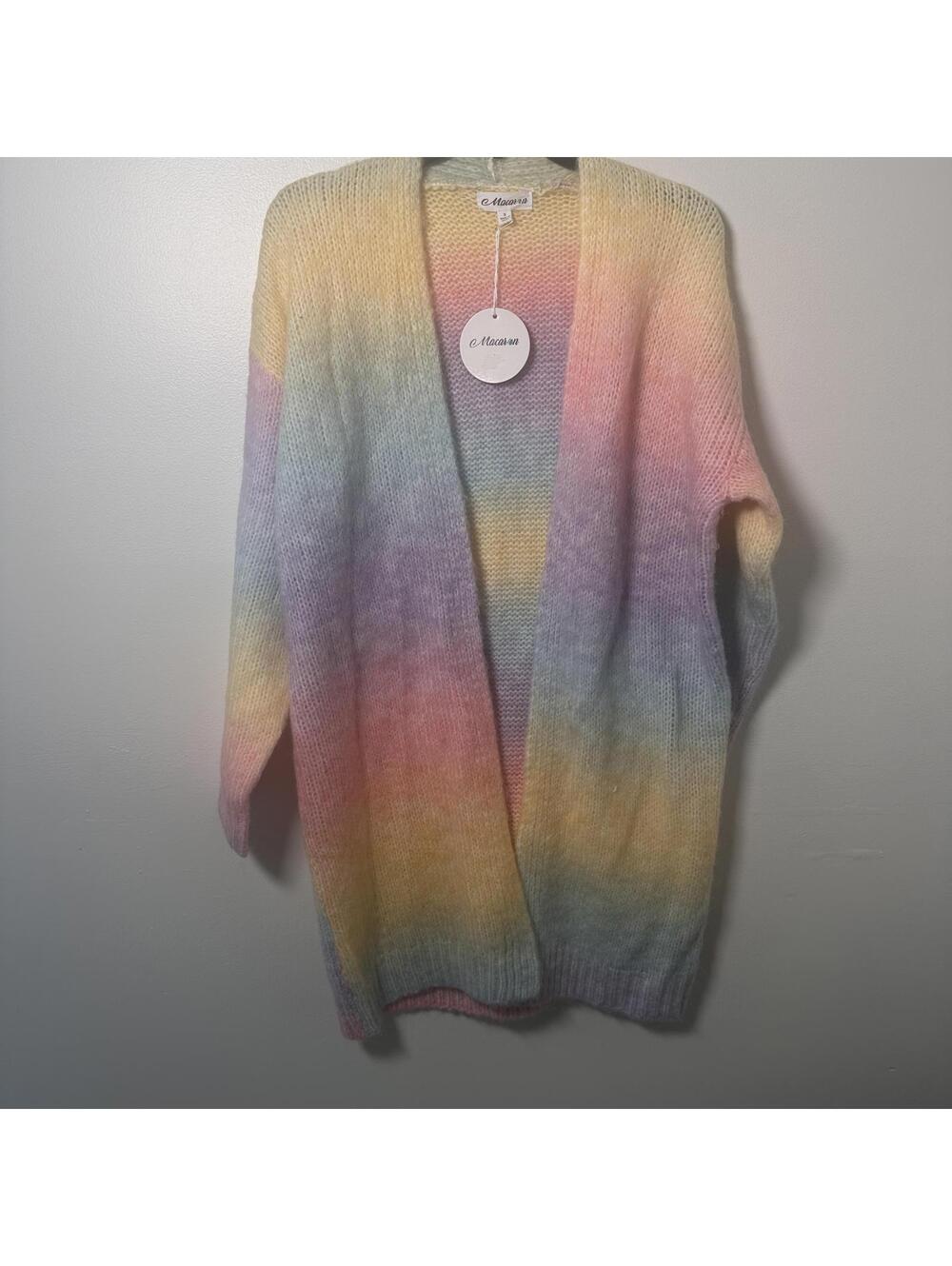 Macaron Rainbow Ombre Cardigan Sweater Womens S Open Front Long Cozy Pastel